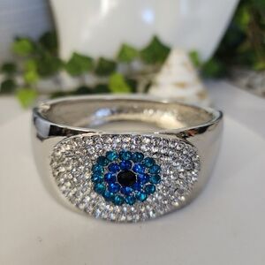 Silver Statement Clamper Hinge Bracelet Crystal Evil Eye